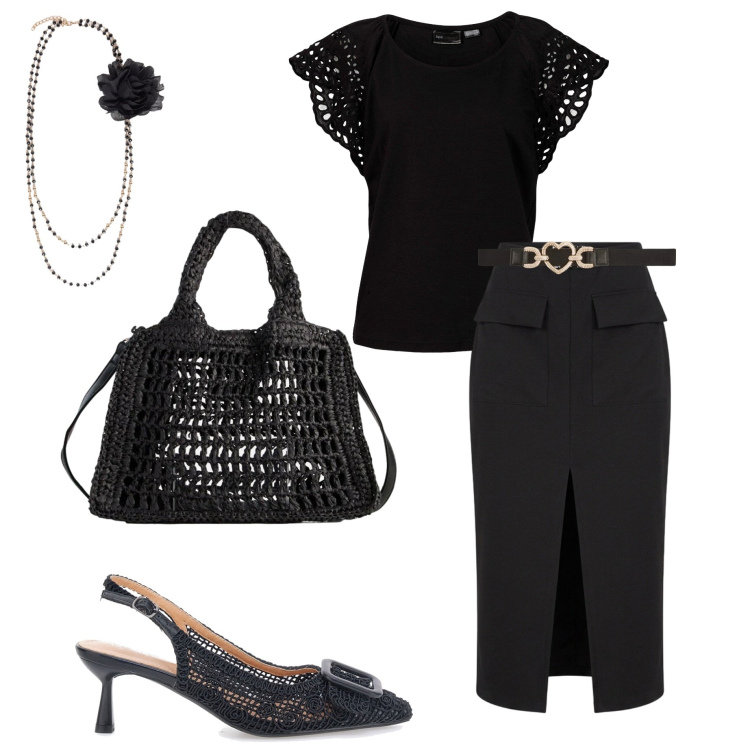 Outfit donna - Total black. Stile Casual chic per Tutti i giorni. Abbinamento con bluse, borse a tracolla, gonne longuette, cinture, collane, scarpe col tacco.