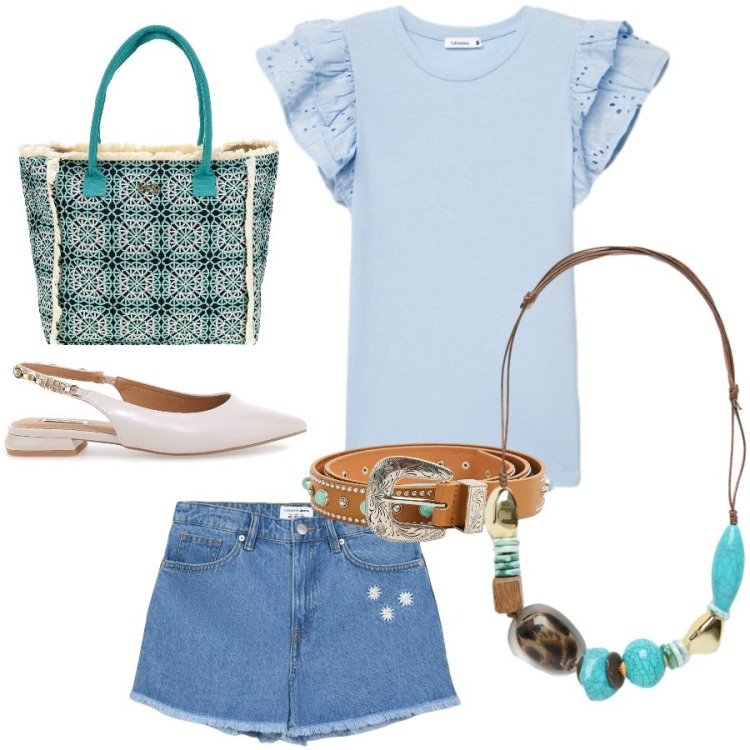 Outfit donna - Total look #2413396. Stile Casual chic per Tutti i giorni. Abbinamento con t-shirt, shorts, cinture, collane, ballerine, borse a spalla.