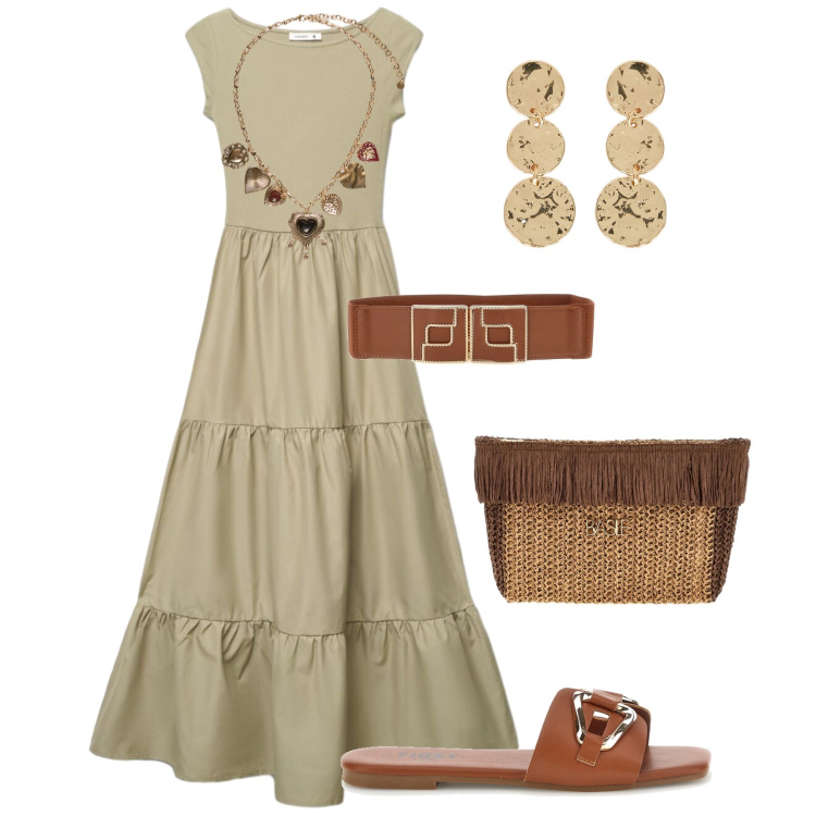 Outfit donna - Mood romantico. Stile Romantica per Tutti i giorni. Abbinamento con vestiti lunghi, orecchini, collane, pochette, ciabatte, cinture.