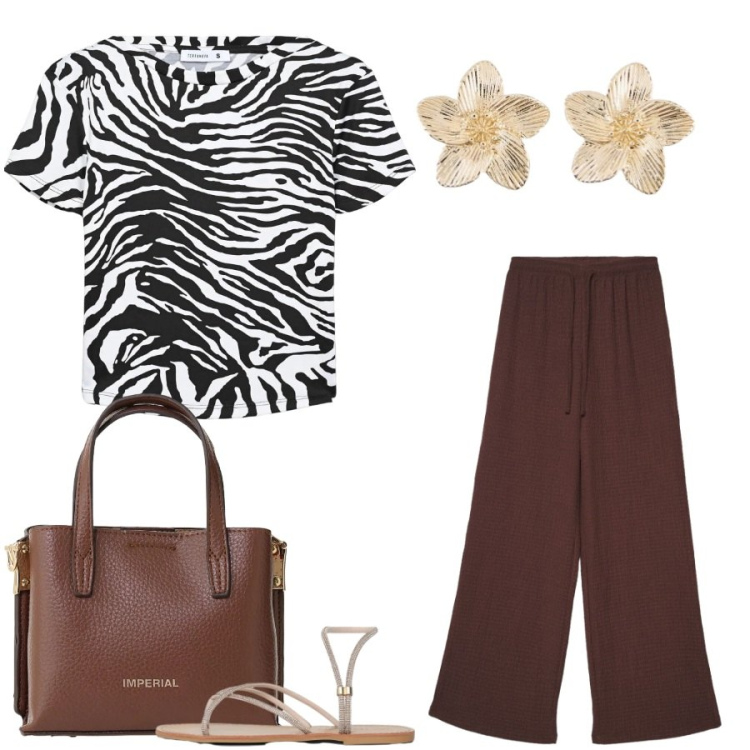 Outfit donna - Total look #2413411. Stile Casual chic per Tutti i giorni. Abbinamento con orecchini, t-shirt, pantaloni, sandali, borse a tracolla.