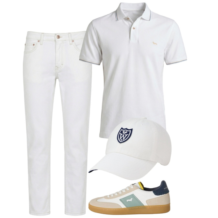 Outfit uomo - Bianco estivo. Stile Casual per Tutti i giorni. Abbinamento con jeans, polo, sneakers, cappelli con visiera.
