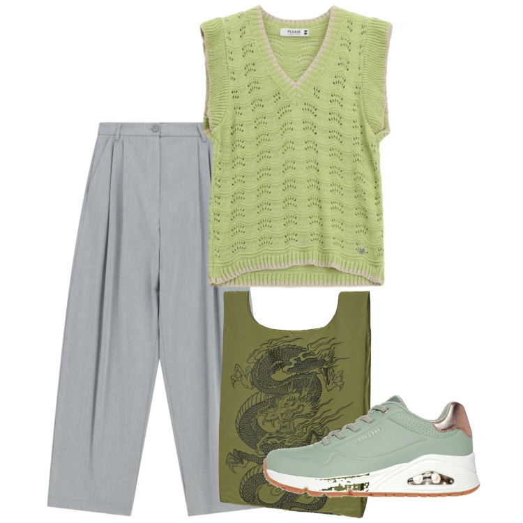 Outfit donna - Giugno. Stile Basic per Tutti i giorni. Abbinamento con pantaloni a palazzo, top, shopping bag, sneakers.