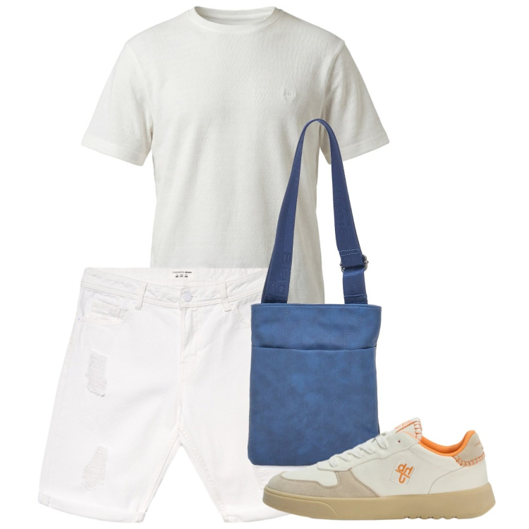 Outfit uomo - Bianco estivo. Stile Casual per Tutti i giorni. Abbinamento con bermuda, sneakers, t-shirt, portafogli.