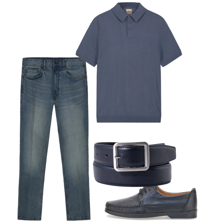 Outfit uomo - Blu. Stile Casual per Tutti i giorni. Abbinamento con jeans, cinture, polo, scarpe stringate.