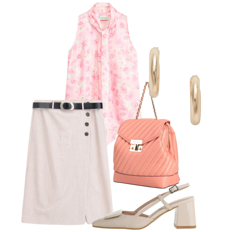 Outfit donna - Giugno in ufficio. Stile Bon Ton per Ufficio. Abbinamento con zaini, bluse, gonne longuette, décolleté, orecchini.