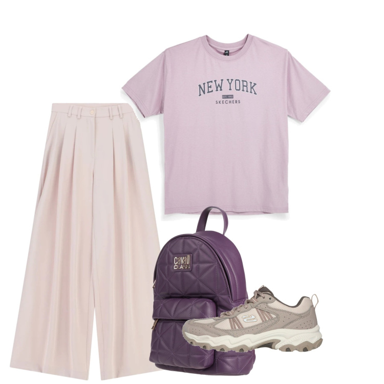 Outfit donna - Giugno. Stile Basic per Scuola/Università. Abbinamento con zaini, pantaloni a palazzo, sneakers, t-shirt.