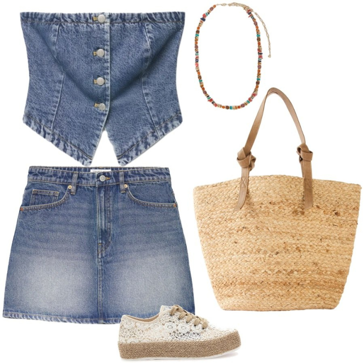 Outfit donna - Domenica fuori porta. Stile Casual per Tutti i giorni. Abbinamento con shopping bag, minigonne, top, collane, sneakers.