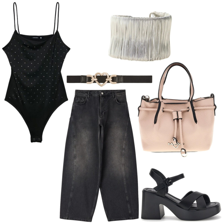 Outfit donna - Total look #2413436. Stile Basic per Serata fuori. Abbinamento con cinture, top, jeans, braccialetti, borse a spalla, sandali col tacco.