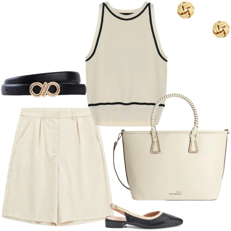 Outfit donna - In centro. Stile Chic per Tutti i giorni. Abbinamento con cinture, bermuda, top, shopping bag, orecchini, sandali.