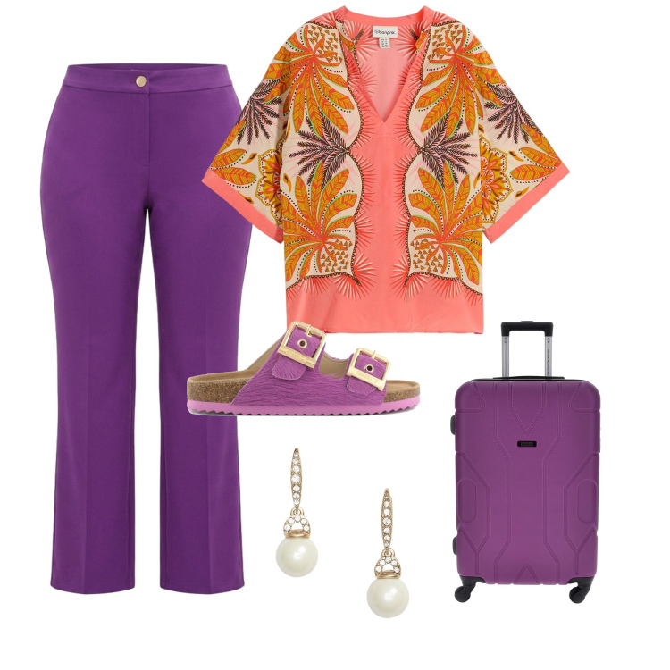 Outfit donna - Viola in Viaggio. Stile Boho per Mare. Abbinamento con tuniche, pantaloni, orecchini, valigie, sandali in pelle.