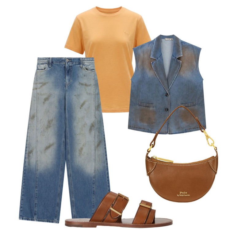 Outfit donna - Effetto delavè. Stile Urban per Tutti i giorni. Abbinamento con t-shirt, jeans, gilet, sandali in pelle, borse a tracolla.