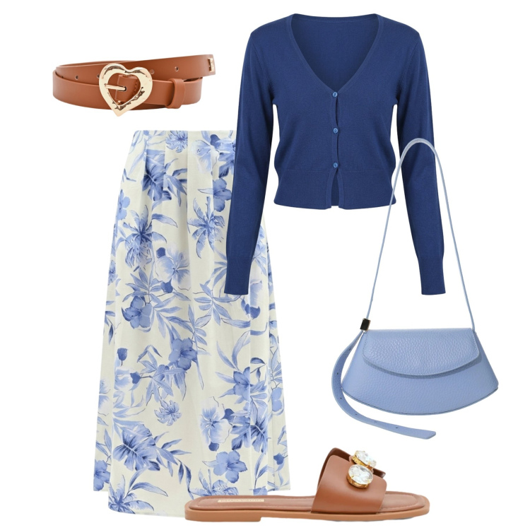 Outfit donna - Acquerello Rinascimento. Stile Casual chic per Tutti i giorni. Abbinamento con gonne lunghe, cinture, sandali gioiello, cardigans, borse a spalla.