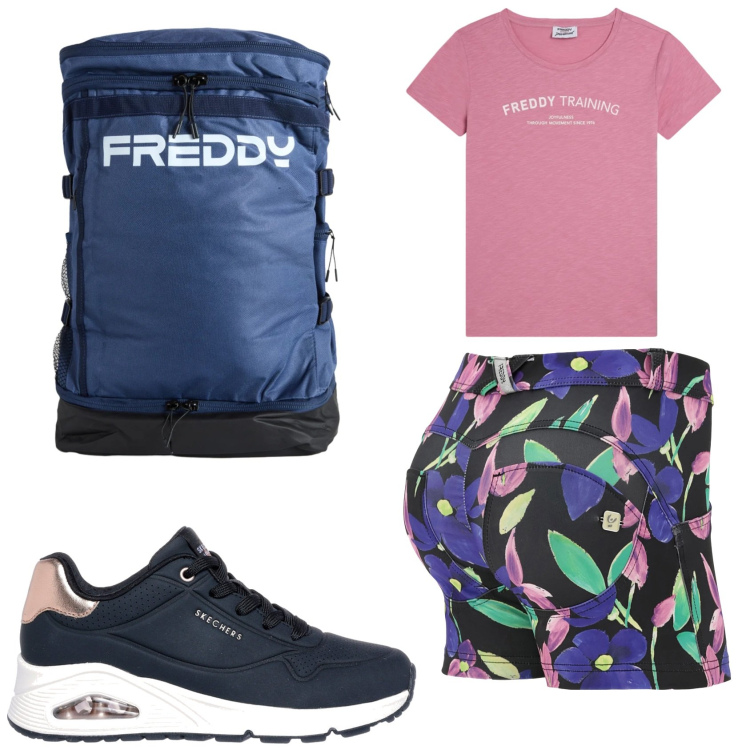 Outfit donna - Scampagnate estive con Freddy. Stile Sporty chic per Sport. Abbinamento con shorts, t-shirt, zaini, sneakers.