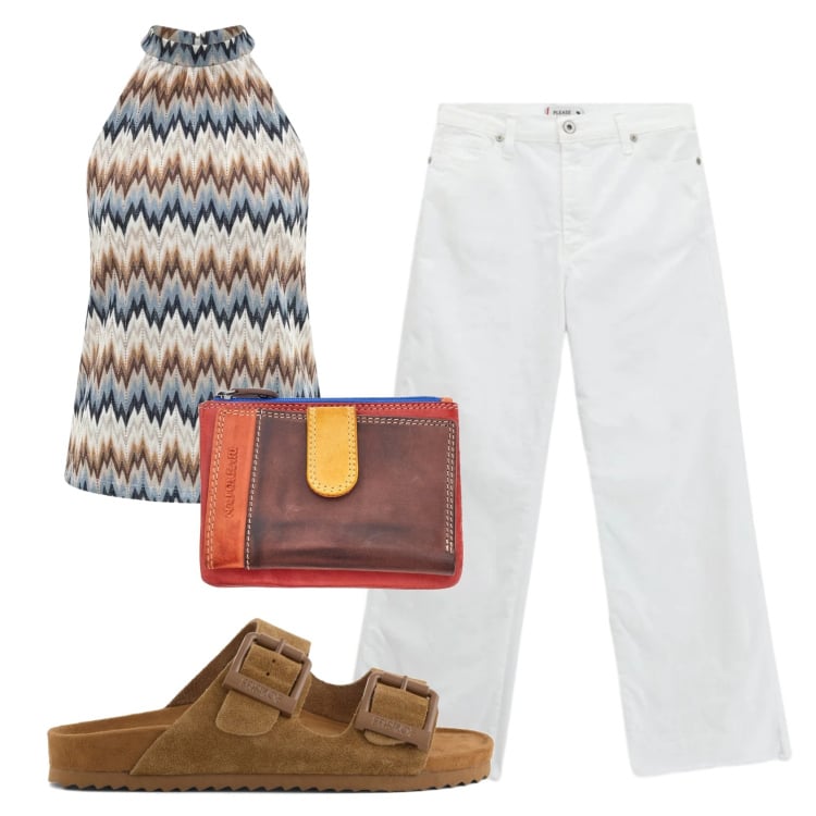 Outfit donna - Total look #2413463. Stile 70s per Tutti i giorni. Abbinamento con canottiere, jeans, portafogli, sandali in pelle.