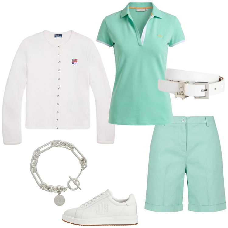 Outfit donna - Seafoam Blue: freschezza e sportività. Stile Casual per Mare. Abbinamento con polo, bermuda, cinture, braccialetti, sneakers, cardigans.