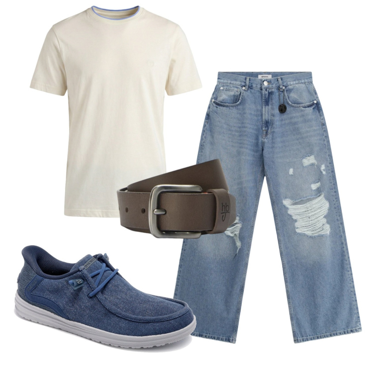 Outfit uomo - Total look #2413468. Stile Casual per Tutti i giorni. Abbinamento con jeans strappati, t-shirt, cinture, scarpe stringate.