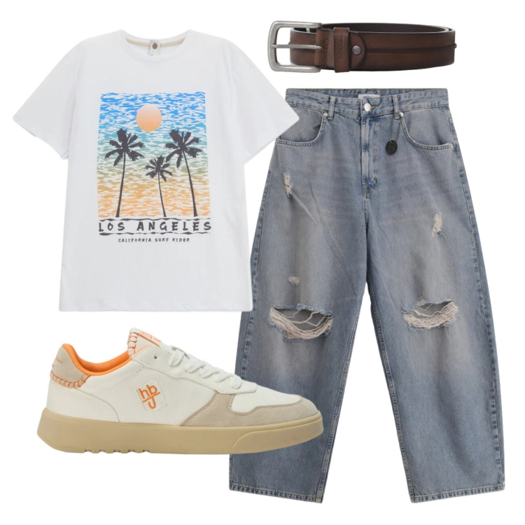 Outfit uomo - Total look #2413471. Stile Casual per Tutti i giorni. Abbinamento con jeans strappati, t-shirt, cinture, sneakers.