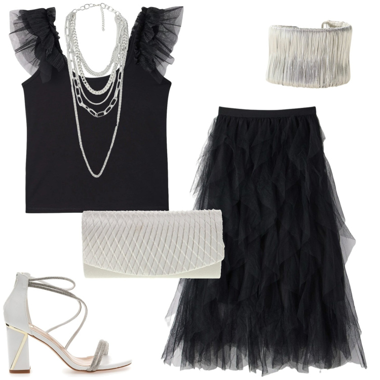 Outfit donna - Il fascino del tulle nero. Stile Glamour per Serata fuori. Abbinamento con gonne lunghe, canottiere, braccialetti, collane, sandali col tacco, pochette.