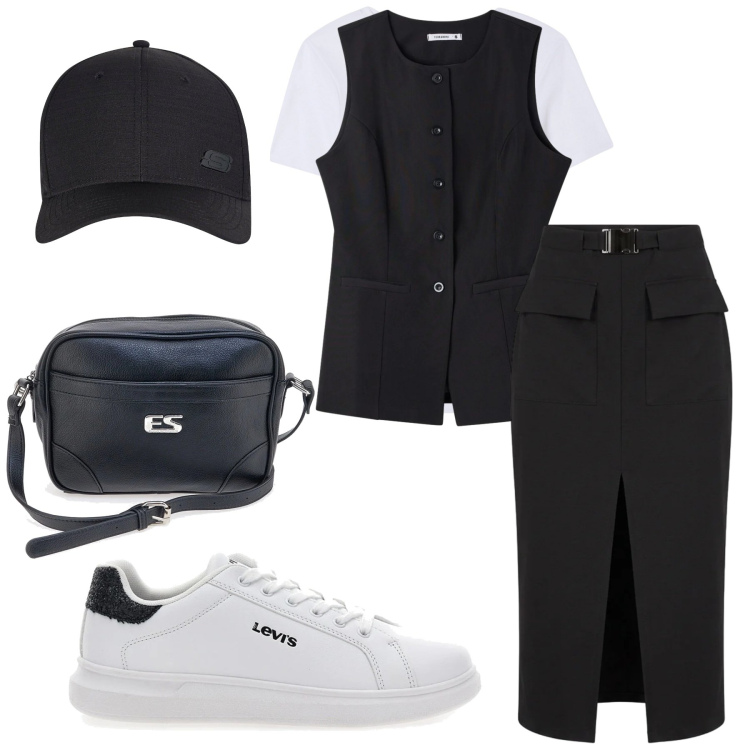 Outfit donna - Stylish urban utility. Stile Urban per Tutti i giorni. Abbinamento con cappelli con visiera, t-shirt, gonne longuette, gilet, sneakers, borse a tracolla.
