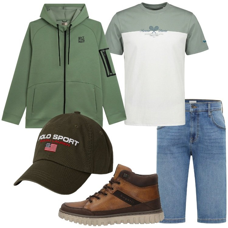 Outfit uomo - Escursione in montagna. Stile Casual per Tutti i giorni. Abbinamento con bermuda, t-shirt, felpe con cappuccio, cappelli, anfibi.