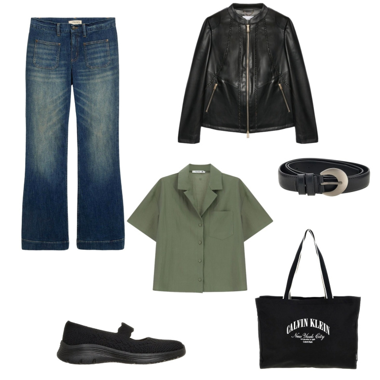 Outfit donna - Una giornata in relax. Stile Sporty chic Abbinamento con jeans a zampa, camicie a manica corta, blazer, ballerine, cinture, borse a spalla.