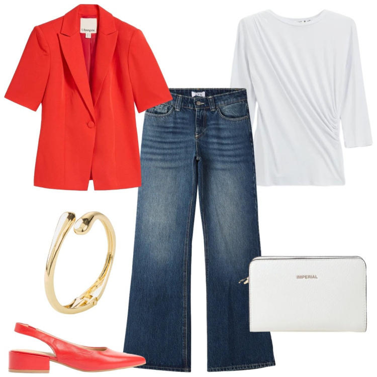Outfit donna - Un blazer colorato. Stile Casual chic per Ufficio. Abbinamento con blazer, décolleté, braccialetti, jeans, borse a tracolla, top.