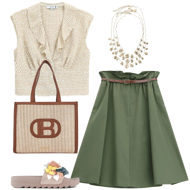 Outfit donna - Fru fru. Stile Casual chic per Tutti i giorni. Abbinamento con camicie, gonne longuette, collane, ciabatte, borse a spalla.