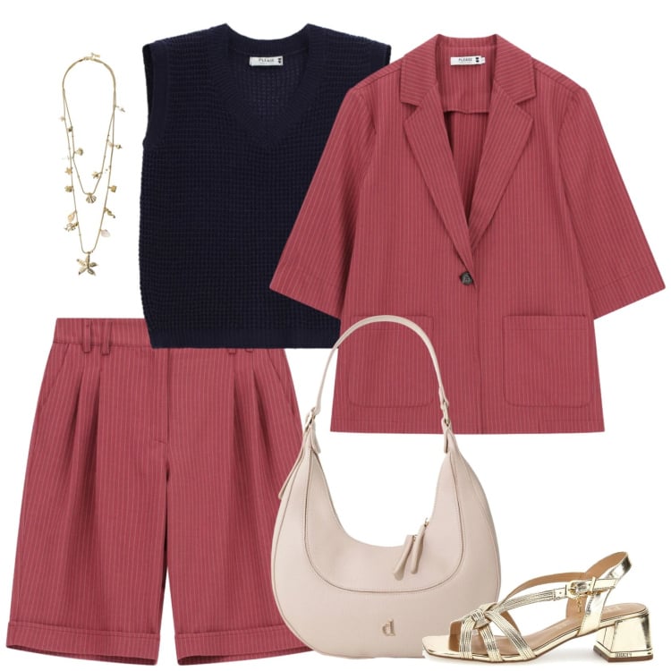 Outfit donna - Il completo è corto. Stile Casual chic per Ufficio. Abbinamento con collane, bermuda, top, blazer, borse a tracolla, sandali in pelle.