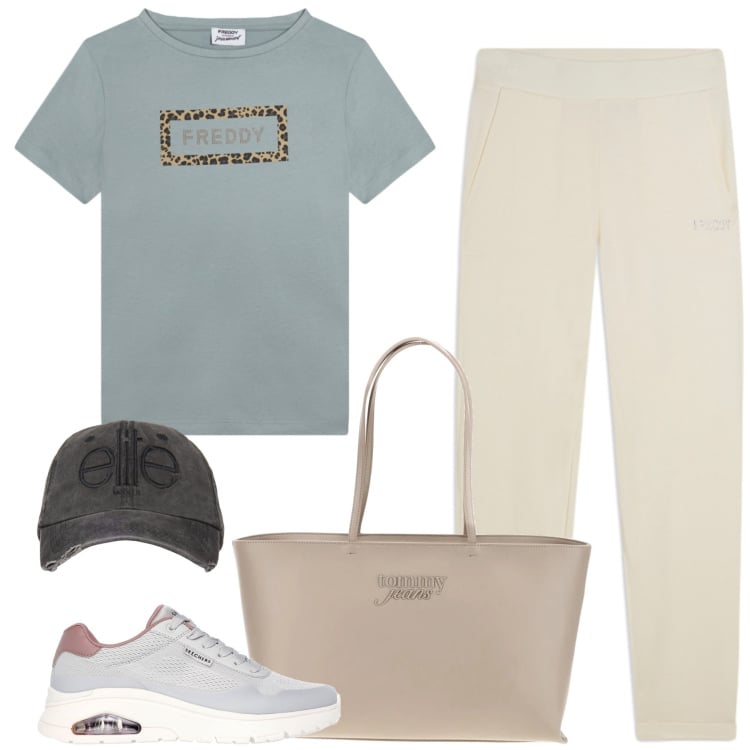 Outfit donna - Il giorno athleisure. Stile Sporty chic per Tutti i giorni. Abbinamento con pantaloni, cappelli, t-shirt, sneakers, borse a spalla.