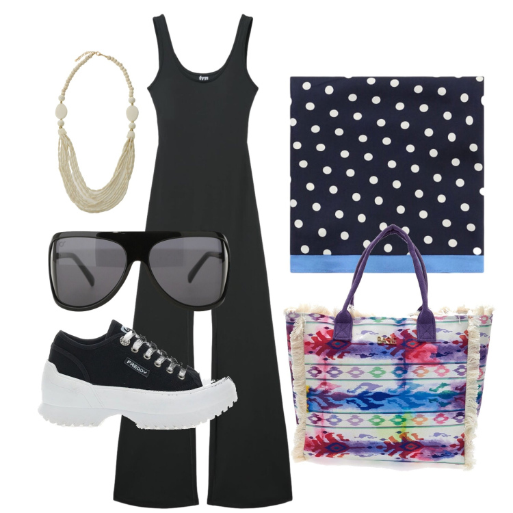 Outfit donna - Giugno. Stile Casual chic per Tutti i giorni. Abbinamento con tute, occhiali da sole, collane, foulard, sneakers alte, shopping bag.