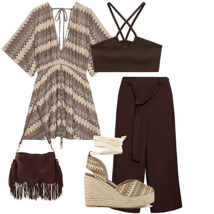 Outfit donna - Serata al mare. Stile Casual chic per Serata fuori. Abbinamento con borse a tracolla, caftani, pantaloni a palazzo, top, zeppe.