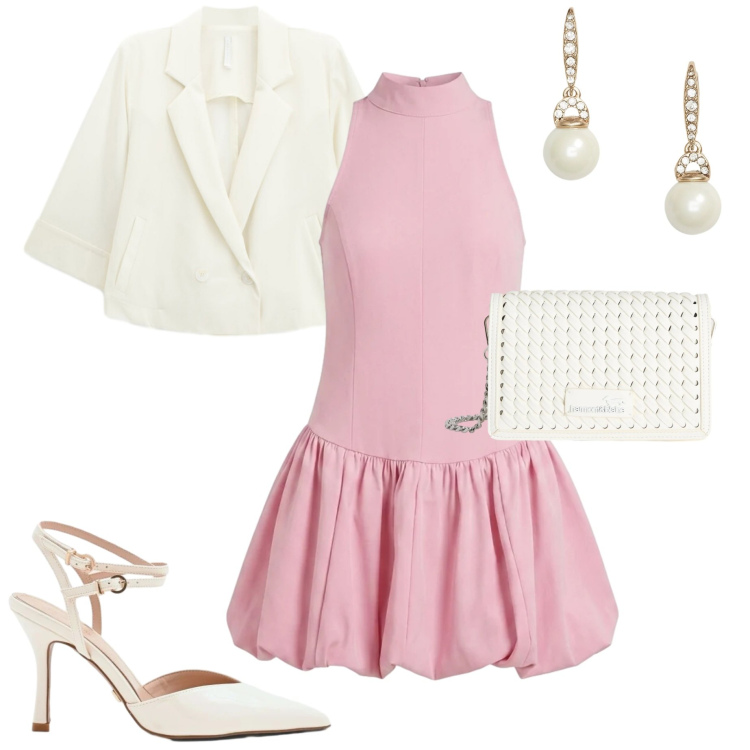 Outfit donna - Cerimonia. Stile Chic per Cerimonia. Abbinamento con décolleté, vestiti corti, blazer, borse a tracolla, orecchini.