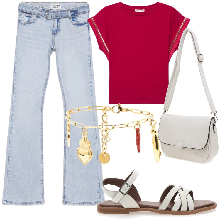 Outfit donna - Modern professional. Stile Casual per Ufficio. Abbinamento con jeans a zampa, t-shirt, braccialetti, sandali, borse a tracolla.