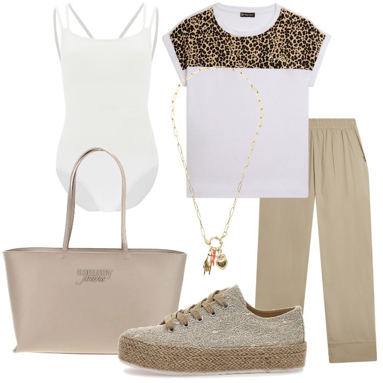 Outfit donna - Summer Energy. Stile Casual per Scuola/Università. Abbinamento con body, t-shirt, pantaloni, ciondoli, espadrillas, borse a spalla.