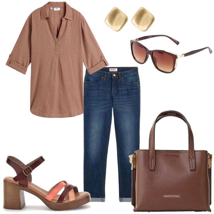 Outfit donna - Jeans in libertà. Stile Casual chic per Tutti i giorni. Abbinamento con bluse, jeans dritti, occhiali da sole, borse a tracolla, orecchini, sandali col tacco.