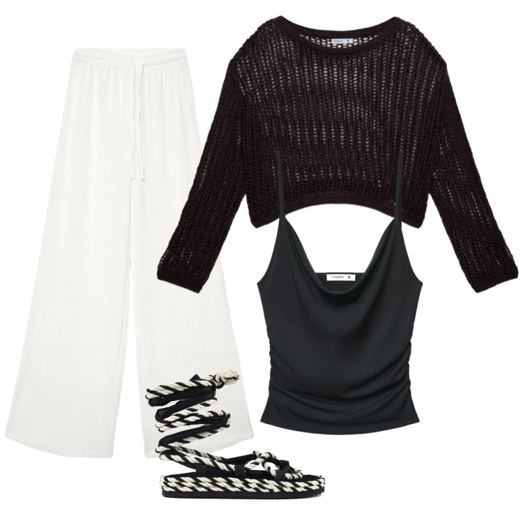 Outfit donna - Black & White Coastal Chic. Stile Casual chic per Tutti i giorni. Abbinamento con pantaloni, maglieria, top, sandali.