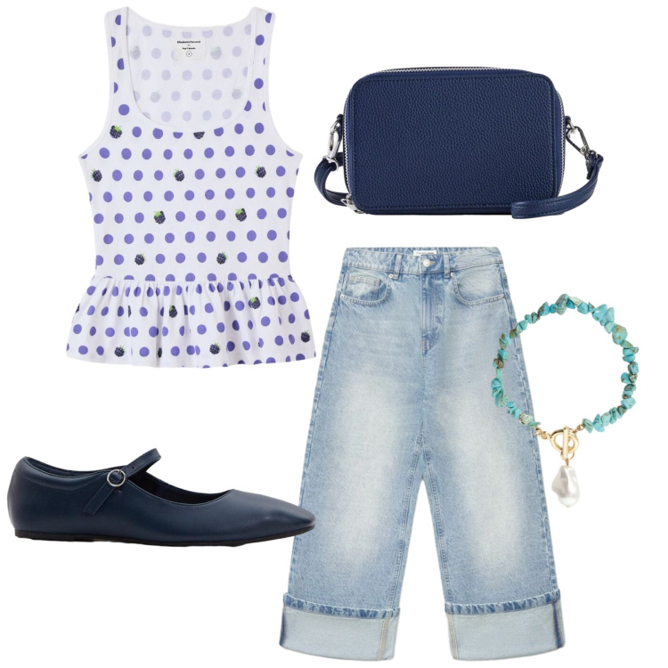 Outfit donna - Total look #2413524. Stile Basic per Tutti i giorni. Abbinamento con ballerine, borse a tracolla, jeans, canottiere, braccialetti.