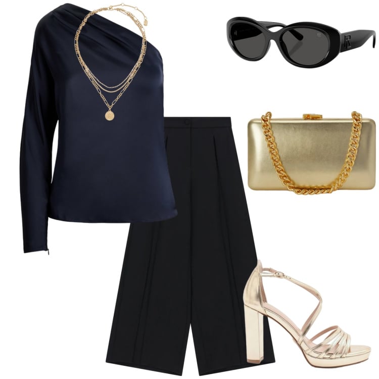 Outfit donna - Aperitivo e poi cena. per Serata fuori. Abbinamento con sandali col tacco, pantaloni a palazzo, bluse, ciondoli, occhiali da sole, clutch.