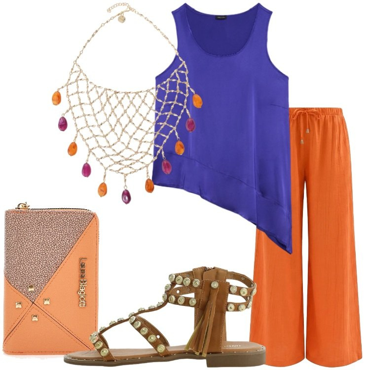 Outfit donna - City Summer Mood. Stile Basic per Tutti i giorni. Abbinamento con pantaloni a palazzo, sandali, collane, canottiere, portafogli.