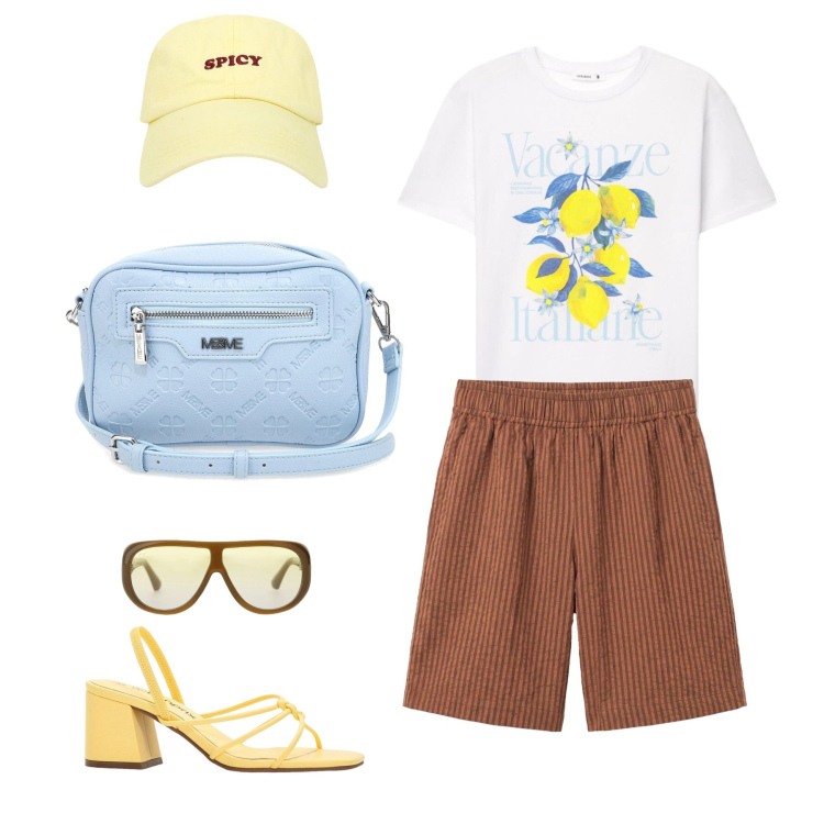 Outfit donna - Limoni & Cielo d’Estate. Stile Casual chic per Tutti i giorni. Abbinamento con shorts, sandali col tacco, t-shirt, cappelli con visiera, occhiali da sole, borse a tracolla.