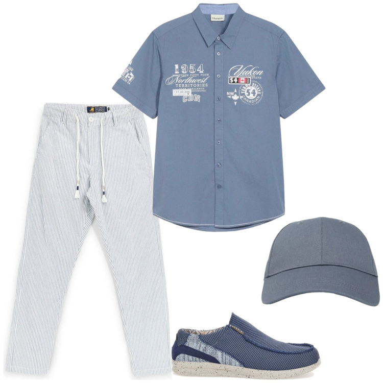 Outfit uomo - Passeggiata sul lungomare. Stile Casual per Tutti i giorni. Abbinamento con camicie a manica corta, cappelli con visiera, pantaloni, scarpe stringate.