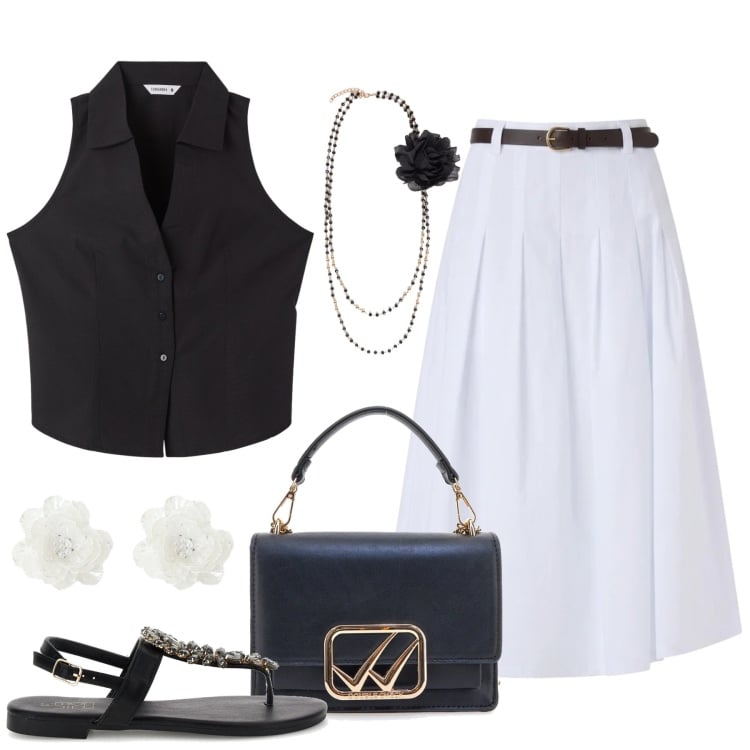 Outfit donna - Old Money look. Stile Chic per Tutti i giorni. Abbinamento con gonne longuette, top, orecchini, collane, sandali gioiello, borse a tracolla.