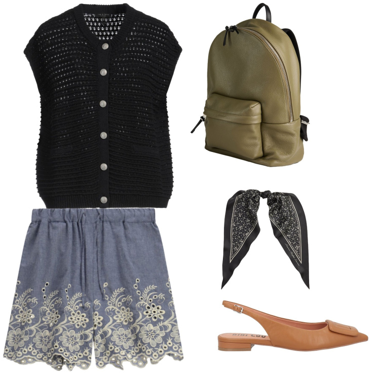 Outfit donna - 🤎 Semplicità Raffinata. Stile Urban per Tutti i giorni. Abbinamento con cardigans, zaini, ballerine, shorts, foulard.