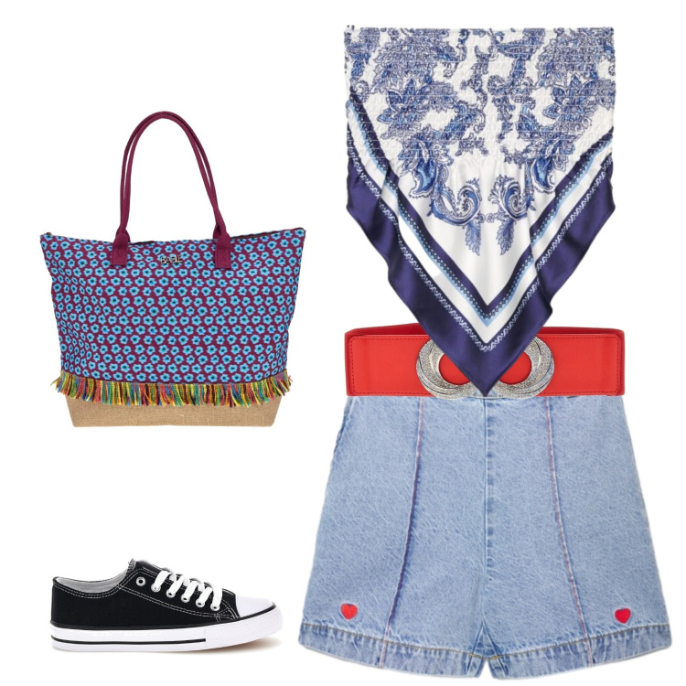 Outfit donna - Ai mercatini d\'estate. Stile Glamour per Tutti i giorni. Abbinamento con top, shorts, borse a spalla, sneakers, cinture.