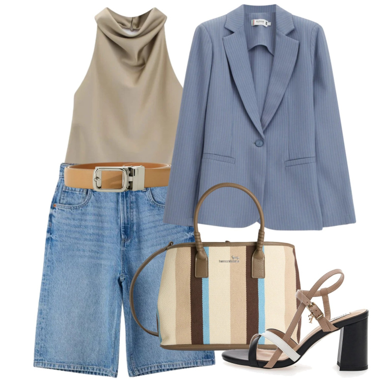 Outfit donna - Pomeriggio chic. Stile Chic per Tutti i giorni. Abbinamento con bermuda, top, cinture, shopping bag, blazer, sandali col tacco.