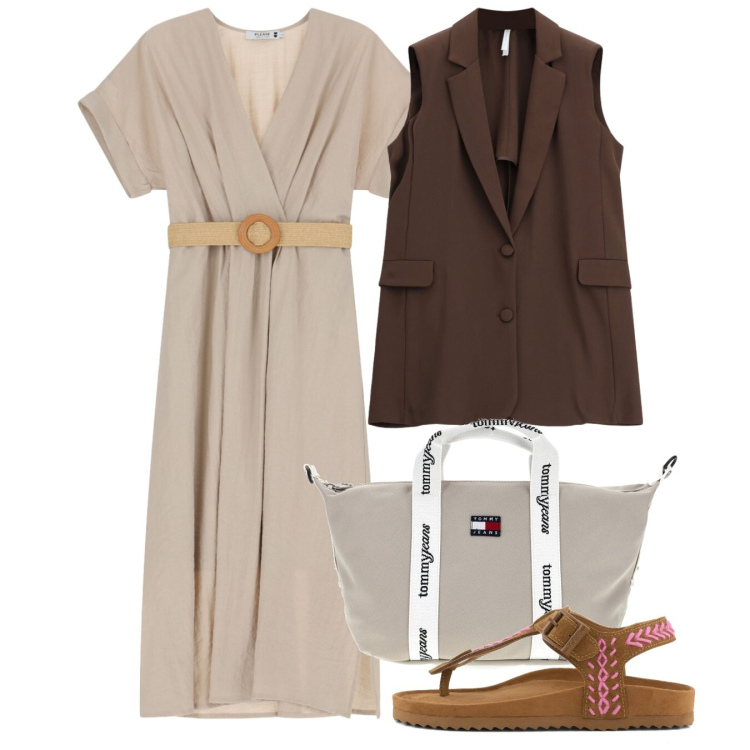 Outfit donna - Giugno. Stile Bon Ton per Tutti i giorni. Abbinamento con gilet, vestiti midi/longuette, infradito, shopping bag.