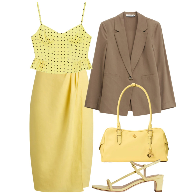 Outfit donna - Yellow june. Stile Chic per Tutti i giorni. Abbinamento con canottiere, blazer, borse a mano, gonne, sandali in pelle.