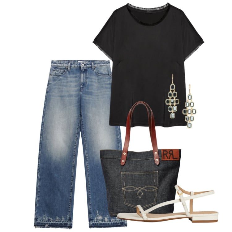 Outfit donna - Chic chandeliers. Stile Casual chic per Tutti i giorni. Abbinamento con jeans, t-shirt, orecchini, sandali in pelle, borse tote.