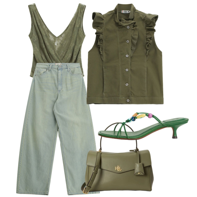 Outfit donna - Verde a giugno. Stile Chic per Tutti i giorni. Abbinamento con top, jeans, gilet, sandali gioiello, borse a mano.