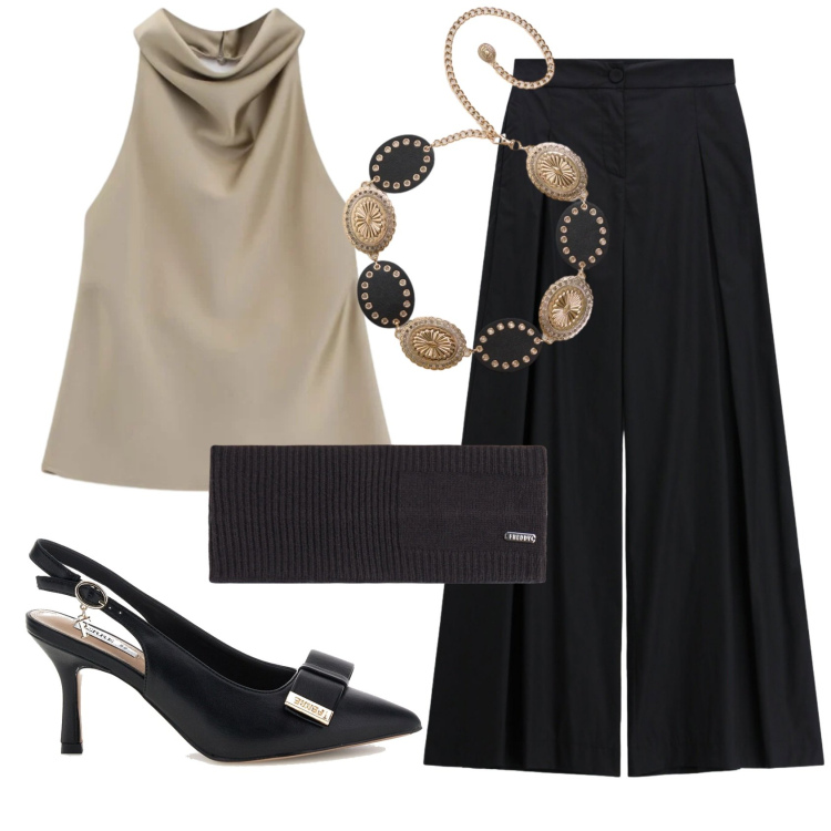 Outfit donna - Total look #2413559. Stile Chic per Serata fuori. Abbinamento con cinture, pantaloni a palazzo, top, accessori per capelli, décolleté.